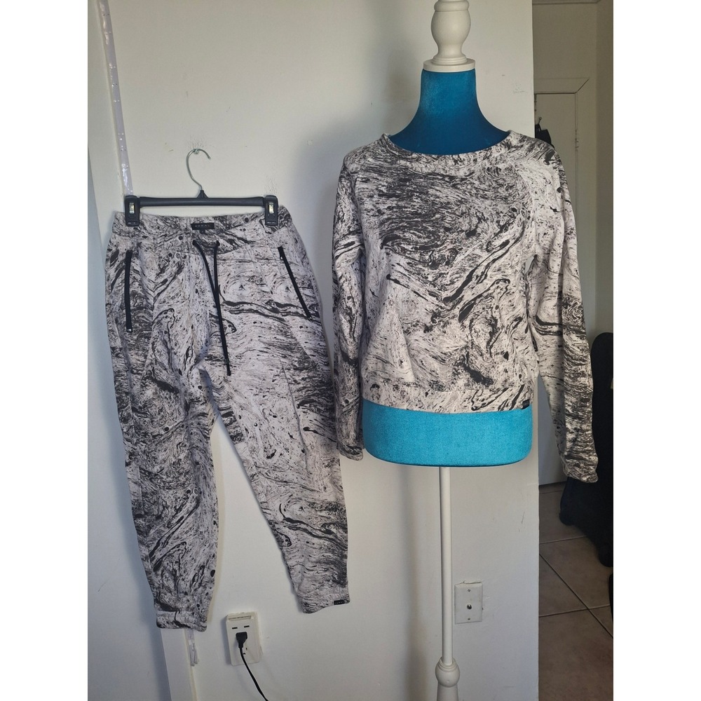 Koral Activewear Equate Marble Print Sweatshirt and Joggers Set Black White